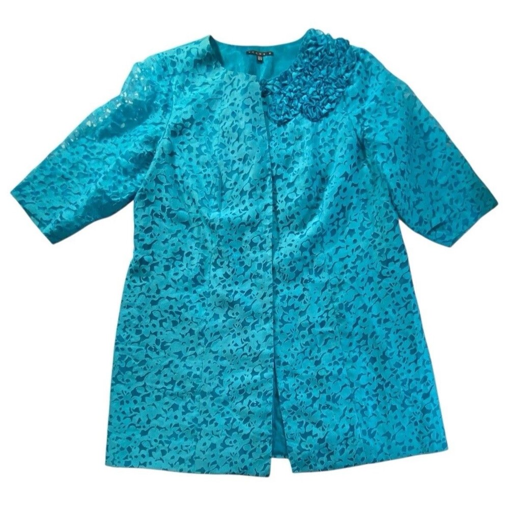 Tiana B Teal Lace Jacket Womens 20W Plus 3/4 Sleeve Lined Dressy One Hook